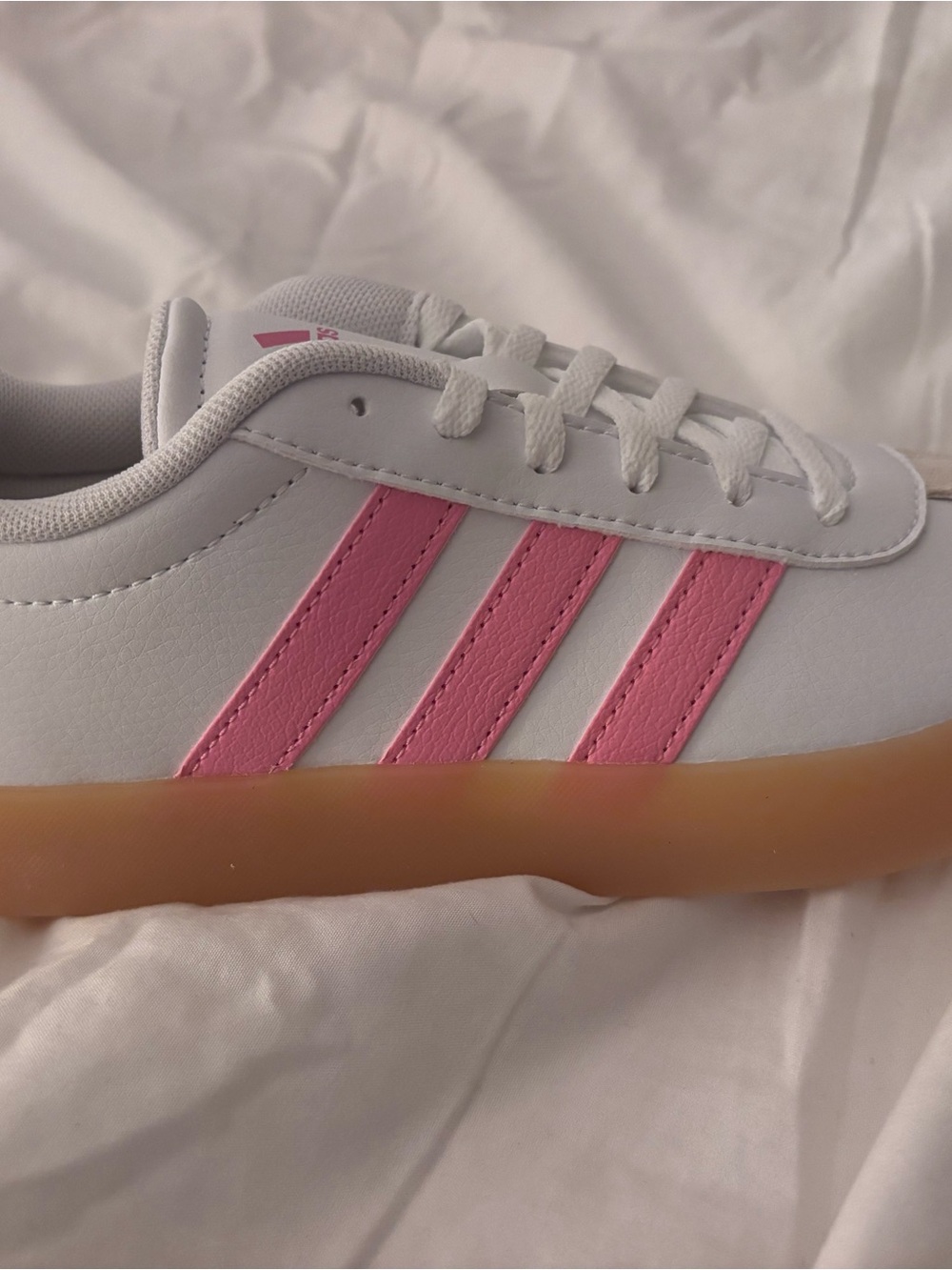 adidas White Sneakers with Pink Stripes and Gum Sole